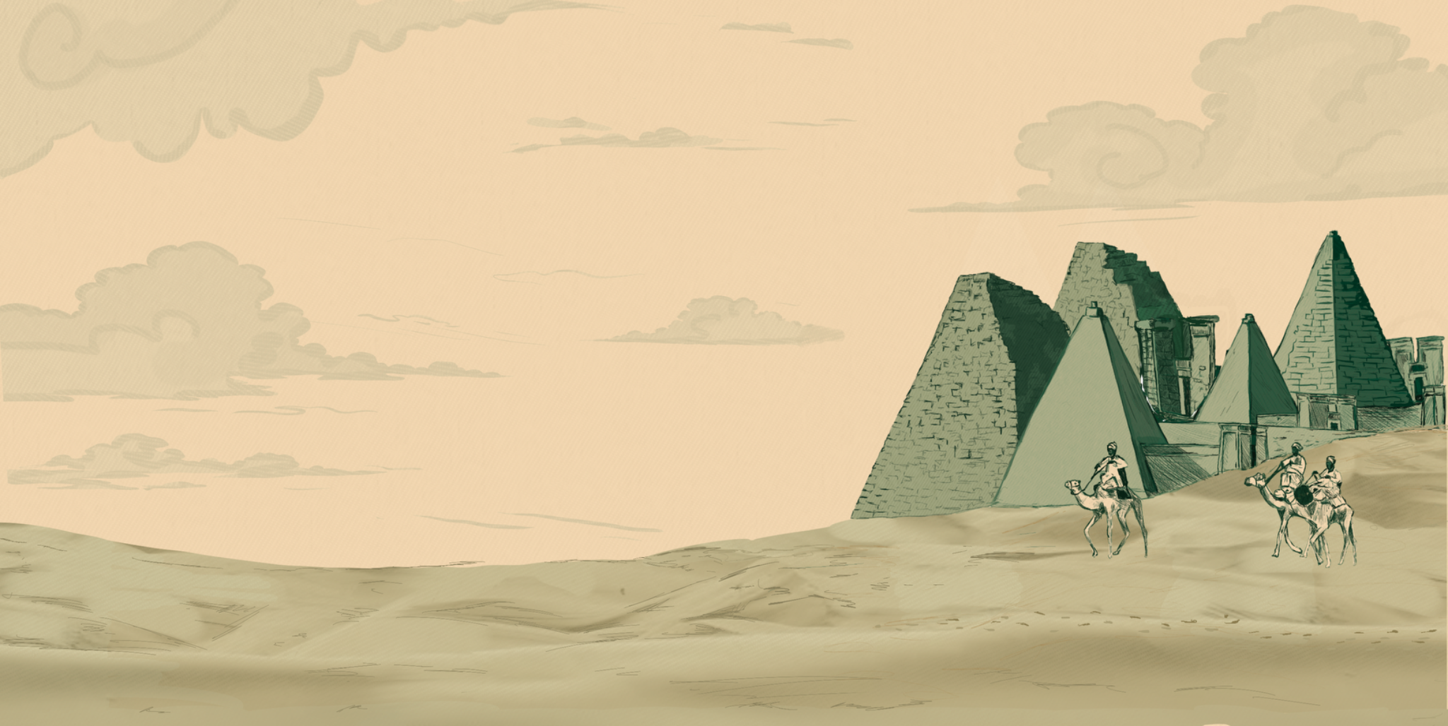 Meroë pyramids and riders in the original Nile Active desert artwork