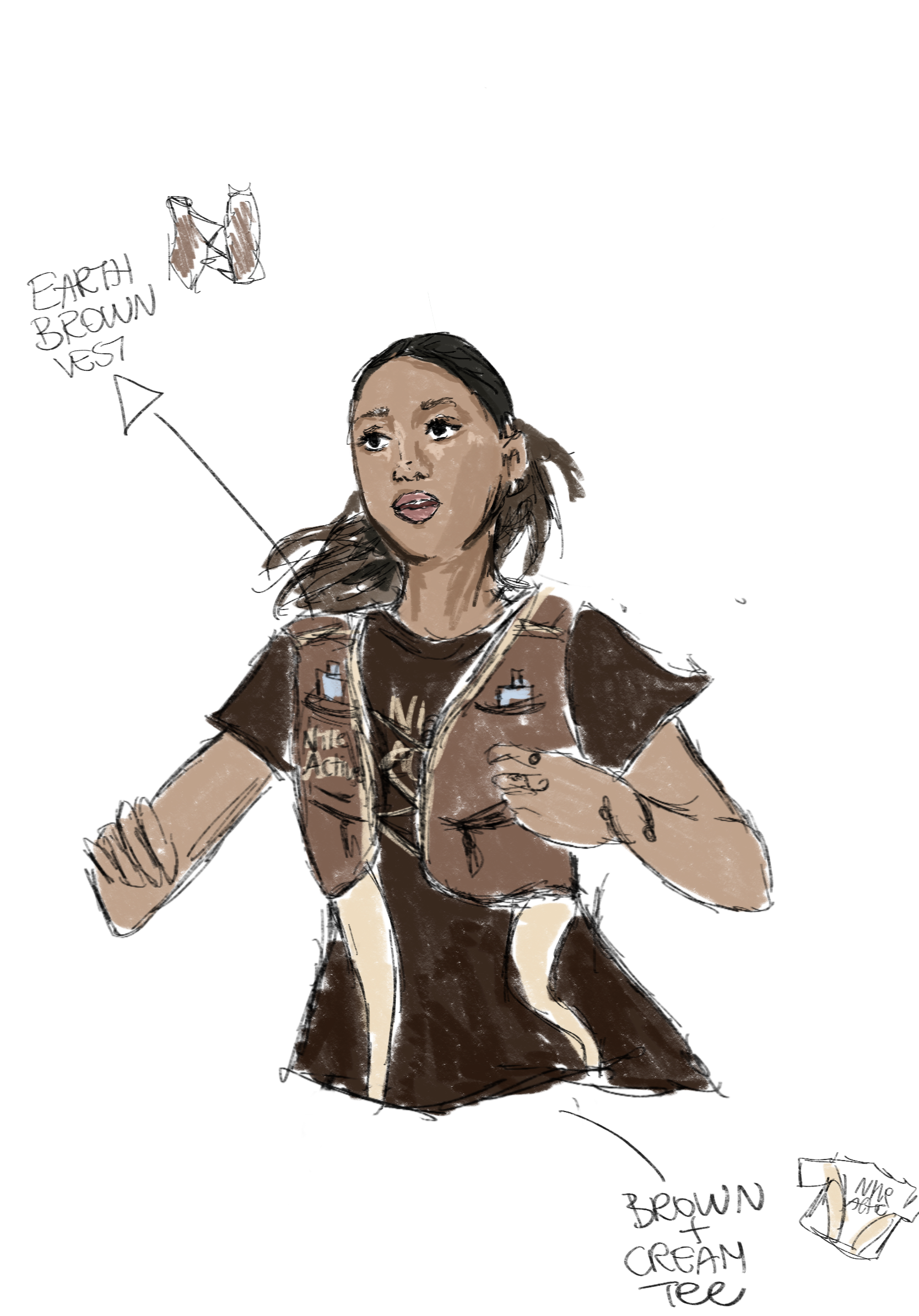 Green cap and brown technical vest styling and equipment study